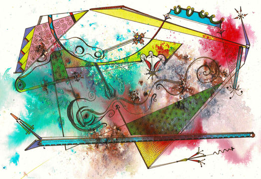 green and red ink abstract line art with all seeing, original drawing