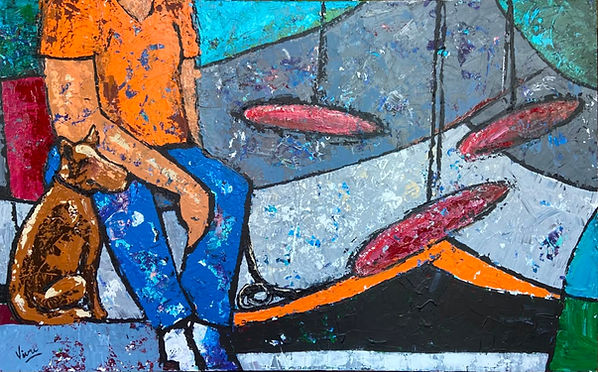 Los columpios acrylic painting on canvas by Vivian Gutierrez depicting a woman and a dog on a public bench