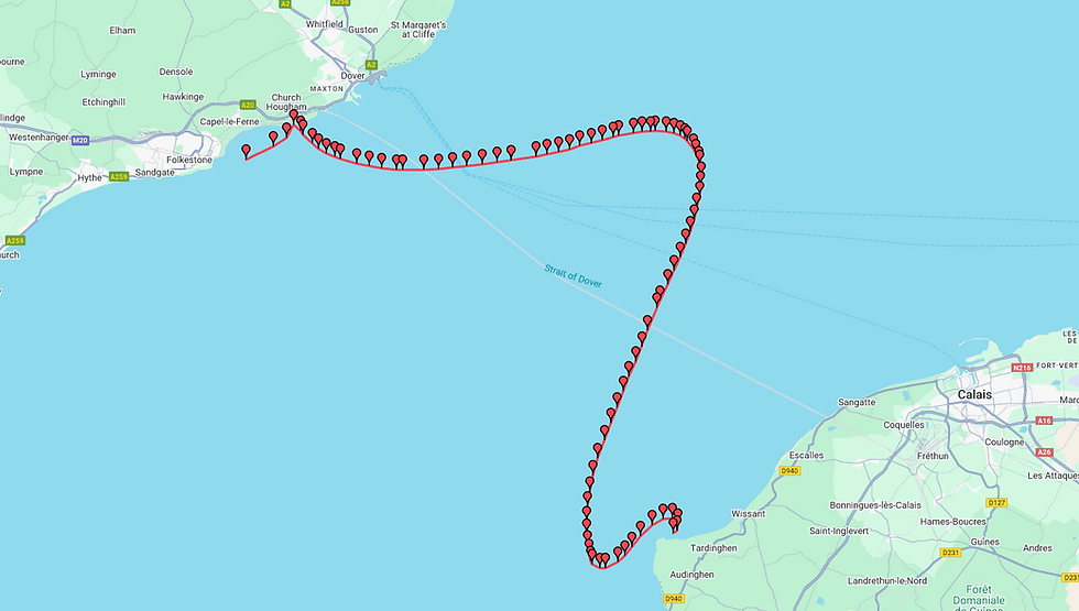The track taken by Channel swimmers due to the tides