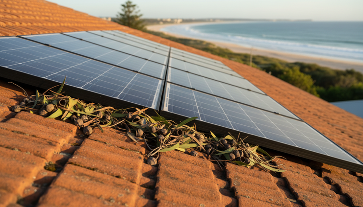 Eye-level view of gum leaves collected along the lower edge of rooftop solar panels.