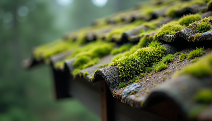 Close-up view of green moss spreading across roof tiles