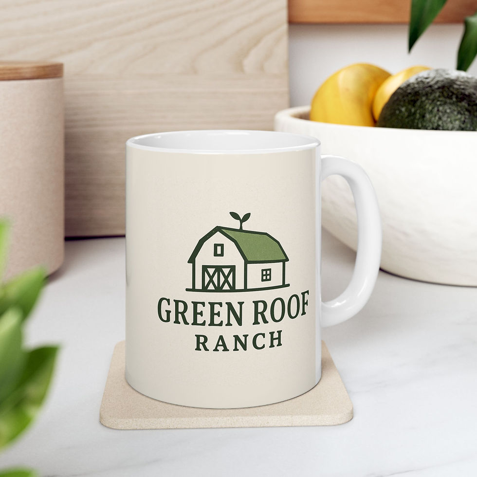 White mug with Green Roof Ranch logo