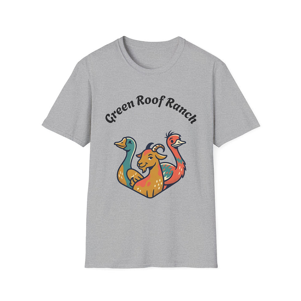 Thumbnail: Gray t-shirt with 'Green Roof Ranch' and cartoon animals.