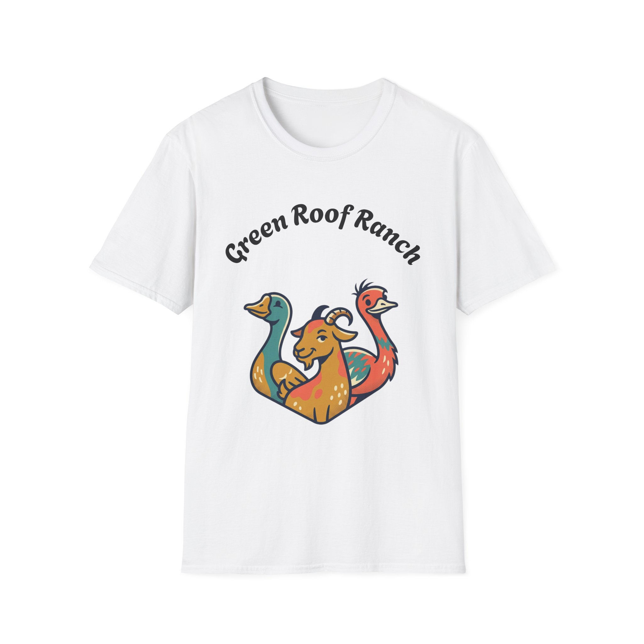 White t-shirt with "Green Roof Ranch" logo and animal graphic