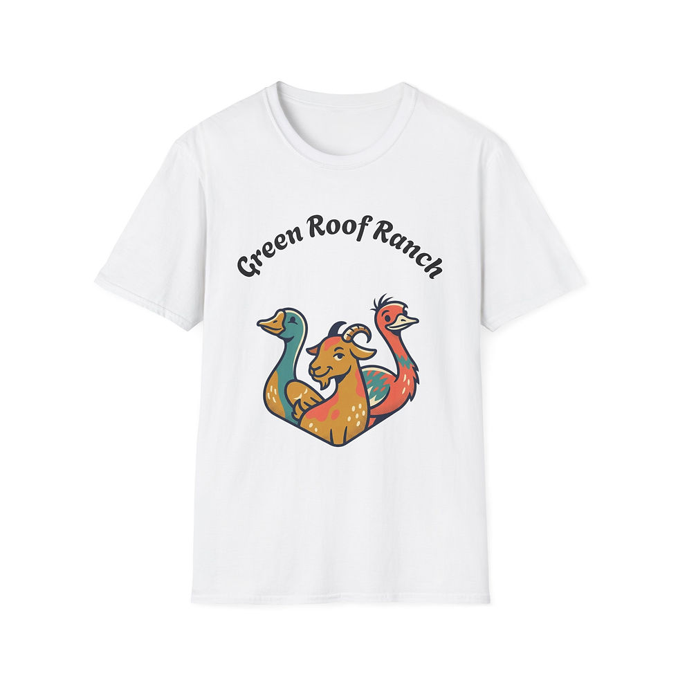 White t-shirt with "Green Roof Ranch" logo and animal graphic