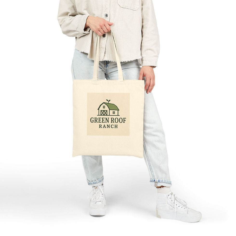 Person holding a tote bag with GREEN HOOF RANCH logo