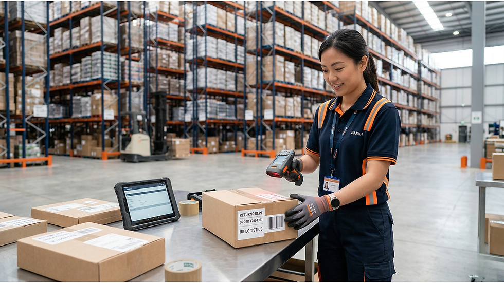 Ecommerce fulfilment returns processing — warehouse operative scanning a return parcel at MBL Fulfilment