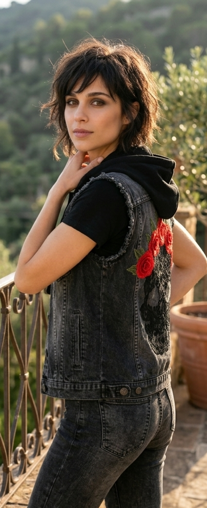 Miniature : Gilet en jeans seconde main broderie Tête de mort et roses
