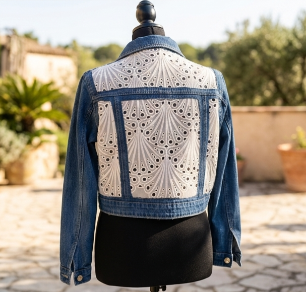 Veste en jeans, seconde main, customisée tissu brodé ajouré