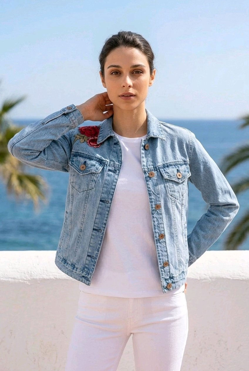 Miniature : Veste jeans seconde main customisée Frida Kahlo
