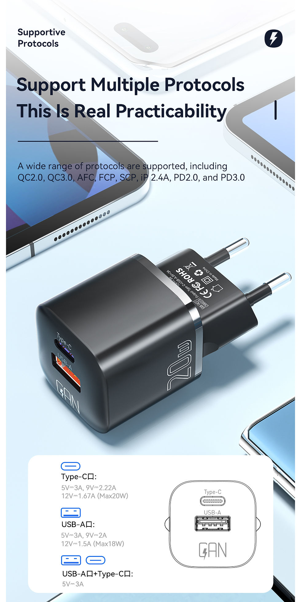 Miniatura: Essager 20W GaN USB Type C Charger PD Fast Charge Phone QC 3.0 Quick Chargers Fo