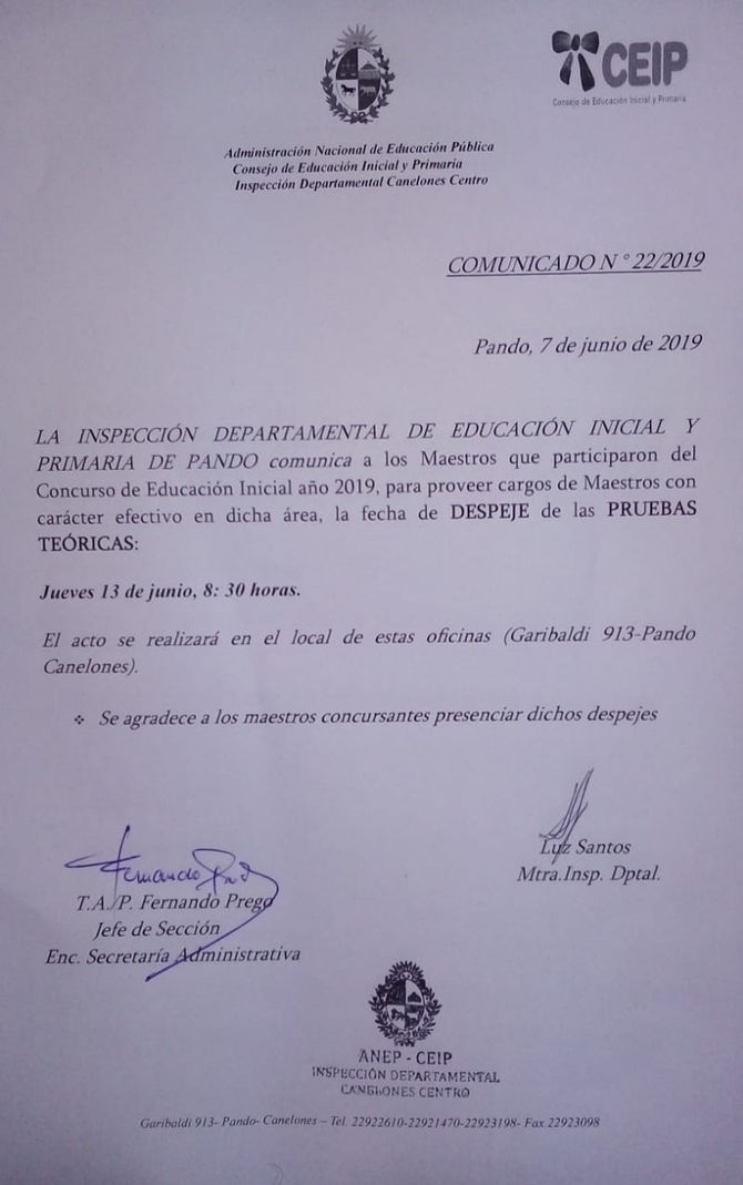 FECHA DE DESPEJE DE LAS PRUEBAS TEÓRICAS DEL CONCURSO DE EDUCACIÓN INICIAL AÑO 2019.