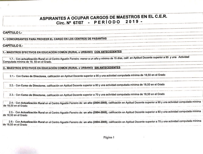 Aspirantes a ocupar cargos de Maestros en el C.E.R. Circ. N° 67/07 - PERÍODO 2019 -