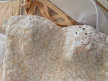 Wedding alterations, sequins, bust dart adjustment