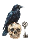 Small sticker of a raven, a skull, and a key.