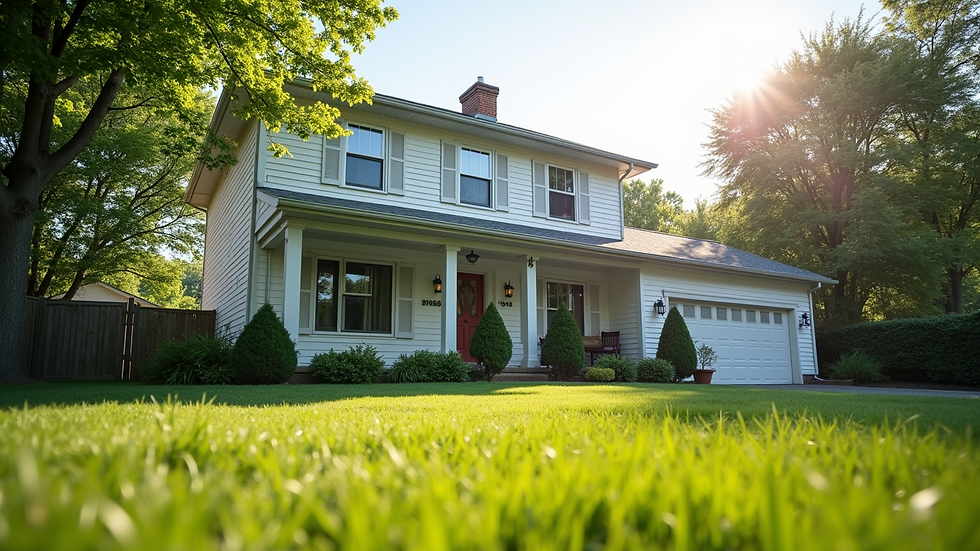 Wide angle view of a suburban house exterior with a well-kept lawn