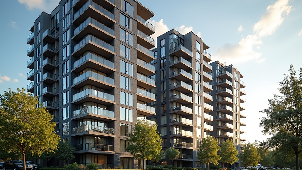 Wide angle view of a modern Minneapolis condo building with balconies