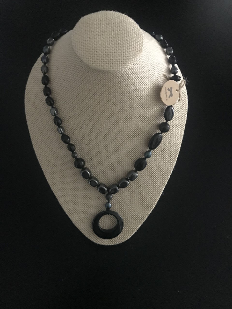 Beautiful handmade necklace with Agate and Hematite with an Onyx stone pendant