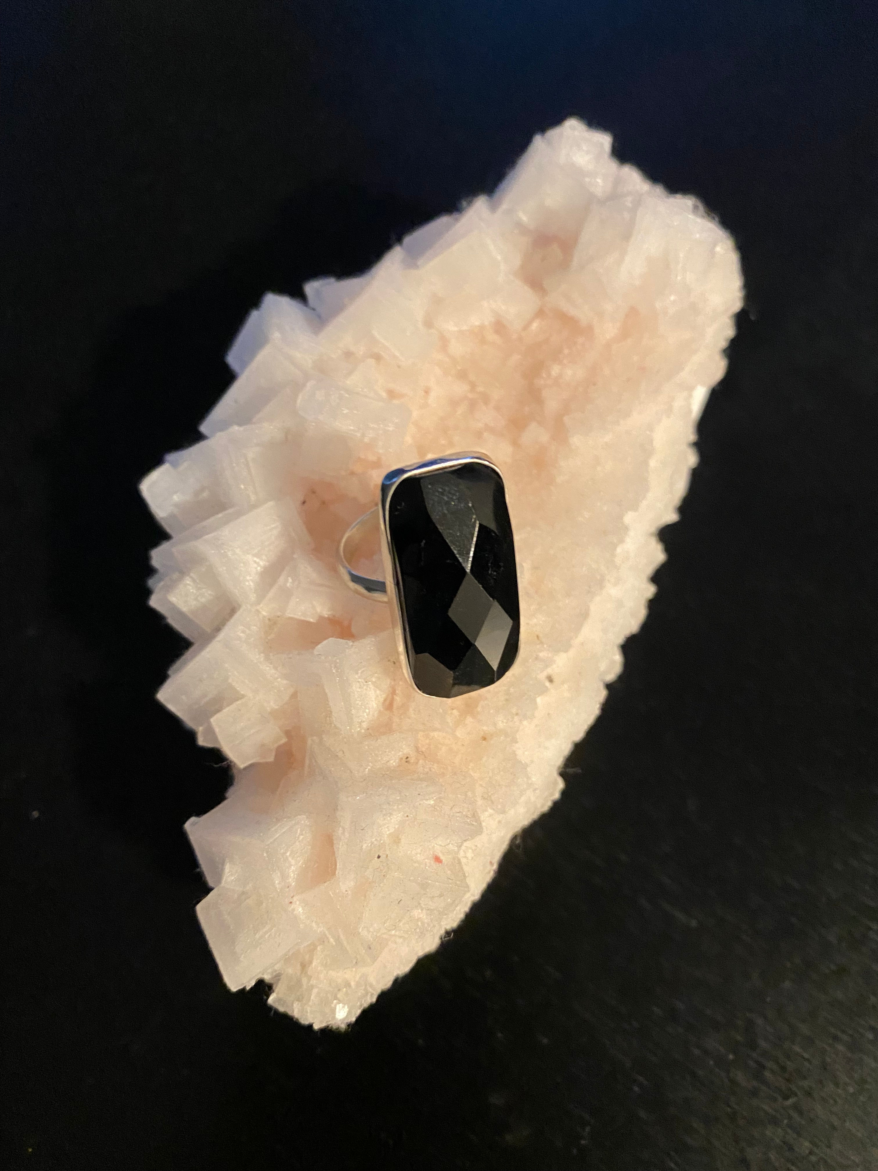 9.25 Silver Ring with Black Onix facet stone rectangle shaped.