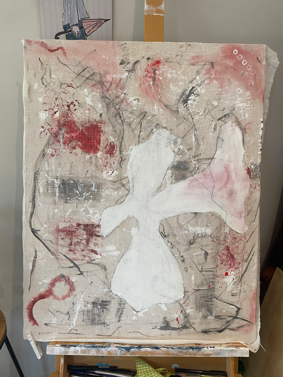 "Untitled"
2025: Acrylic, charcoal, and pen on linen mounted onto ply
