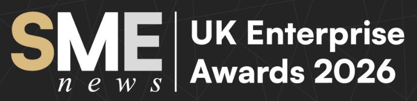 SME News logo with text "UK Enterprise Awards 2026" on a dark geometric patterned background. White and gold text.