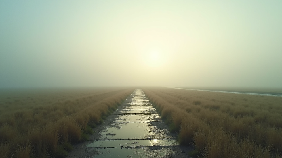 Wide angle view of a serene landscape with interconnected pathways