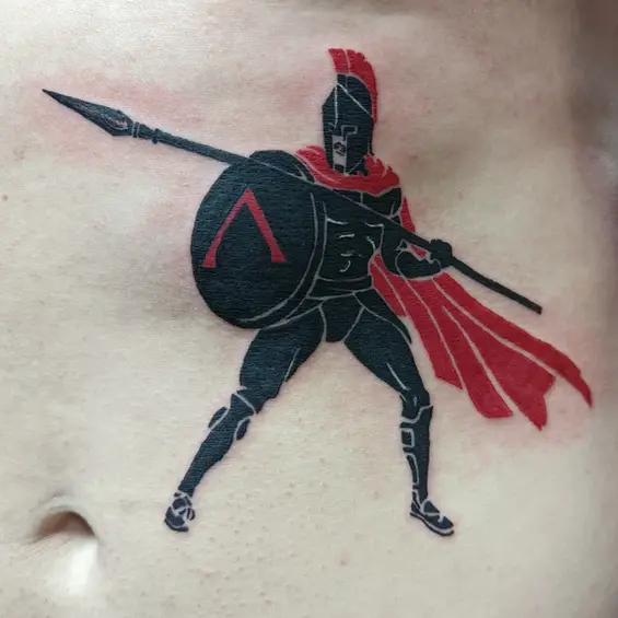 Black and red silhouette tattoo of a Spartan warrior with a shield and spear.