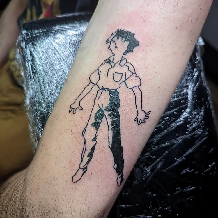 Black and white line art tattoo of Shinji Ikari from Neon Genesis Evangelion