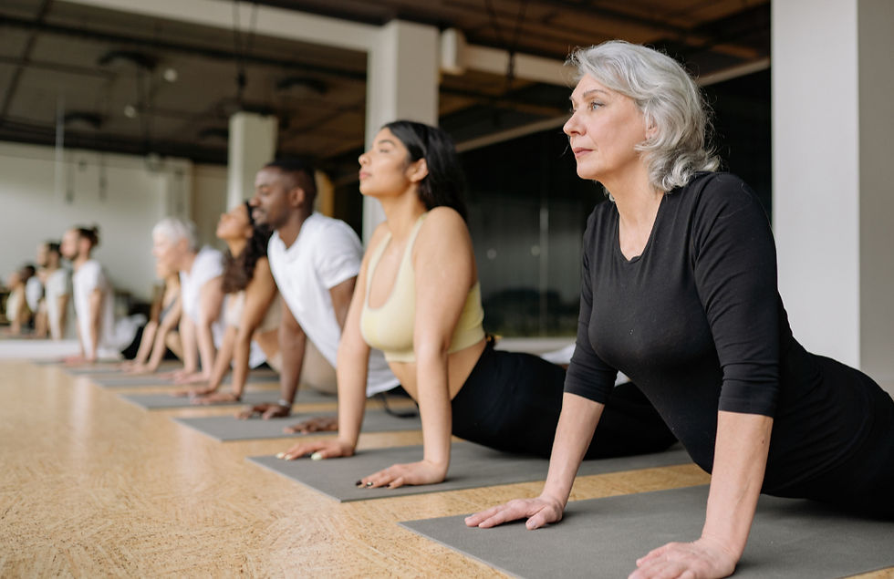 row of people in a yoga class doing upward facing dog pose. Grey haired woman wearing black. Younger woman with dark hair and yellow sports bra. African American man in white t-shirt. Other people further in the distance are blurred