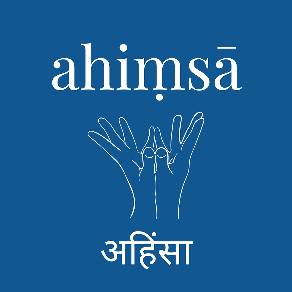 sanskrit word Ahimsa with hands in lotus mudra
