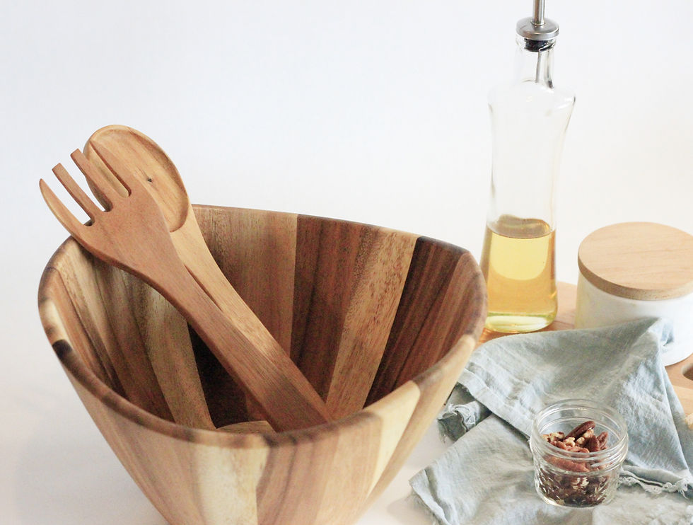 Thumbnail: Hand carved salad bowl with serving utensils