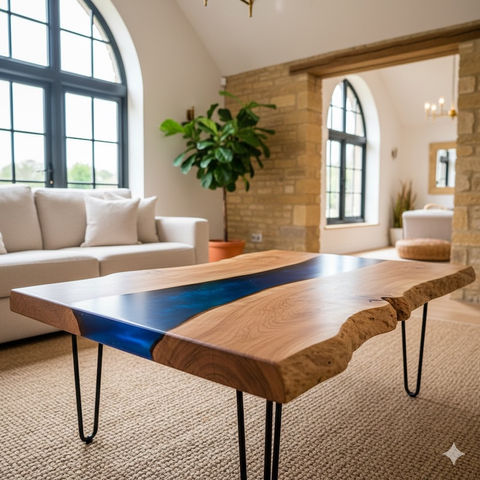 A bespoke coffee table made from live-edge English Oak and blue epoxy resin, featuring black hairpin legs, sitting in a bright, modern living room