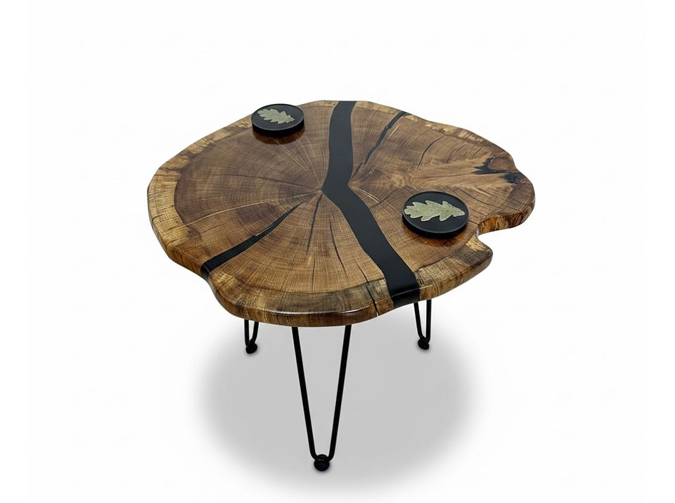 oak and brown resin table with hairpin legs