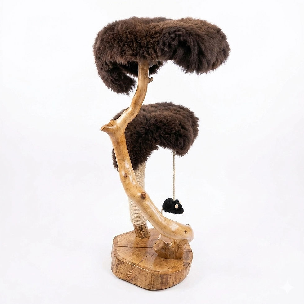 Sculptural branch cat tree with chocolate sheepskin platforms and dangling mouse toy.