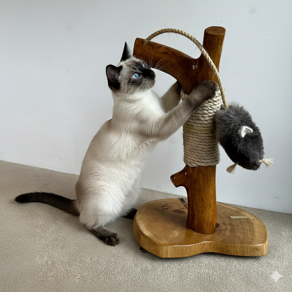 Thumbnail: Siamese cat playing with a handmade natural wood and sisal rope cat scratcher, showing the quality and durability of the toy