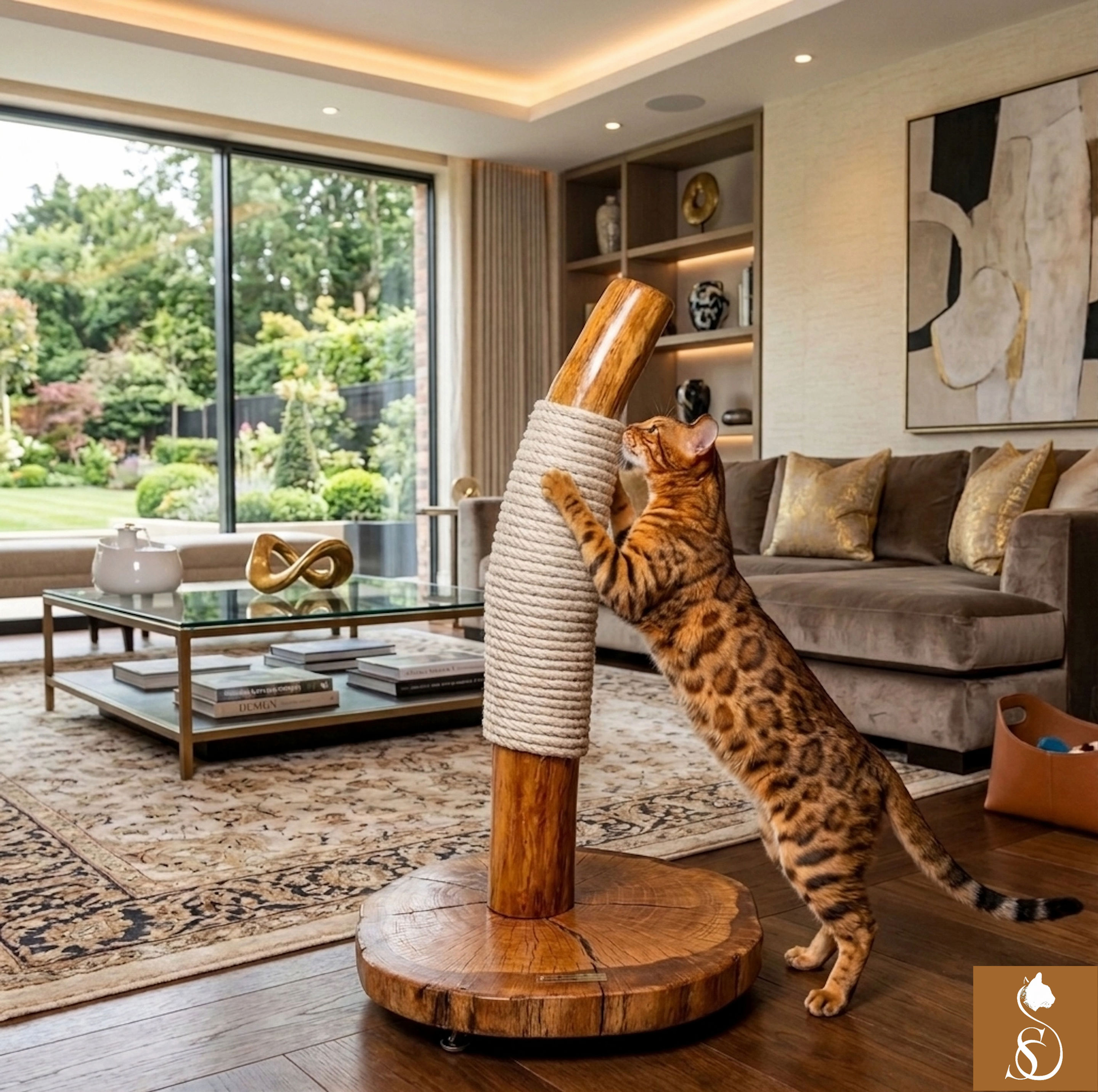 bengal cat using a cat scratcher