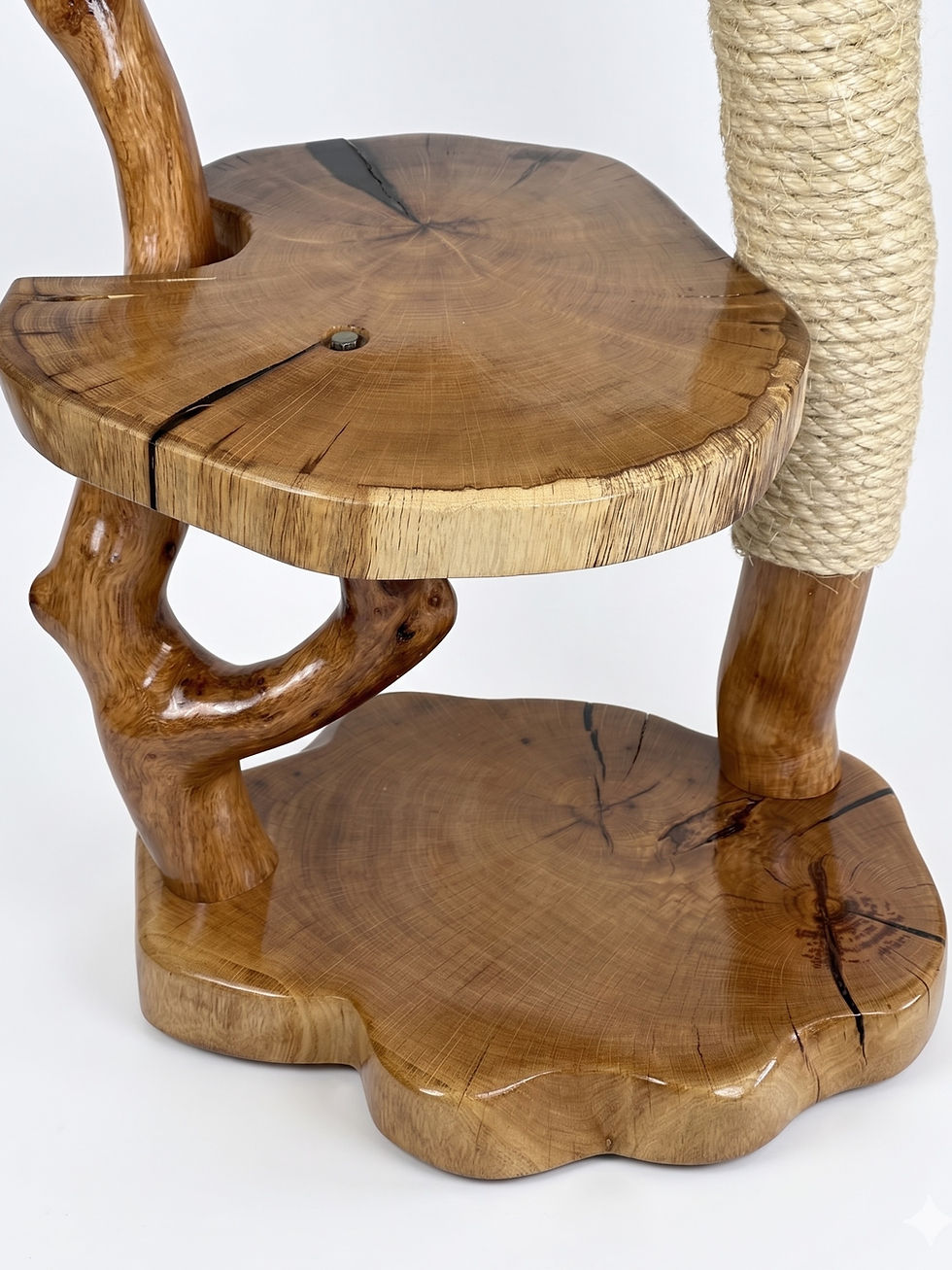 Thumbnail: Handcrafted luxury solid oak cat tree with sisal scratching post.