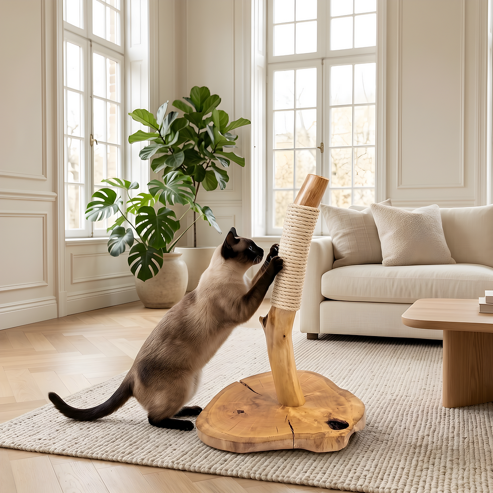 Siamese cat scratching a handcrafted solid oak cat scratcher in a bright, modern studio apartment.