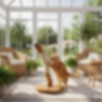 Ginger cat using a natural oak scratching post in a sunny conservatory; stable, high-end cat furniture.
