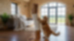 Eye-level view of a tall sisal-wrapped cat scratcher with a cat stretching and scratching