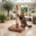 A fluffy Maine Coon cat scratching a handmade wooden scratcher with a sisal rope post inside a light, airy conservatory.