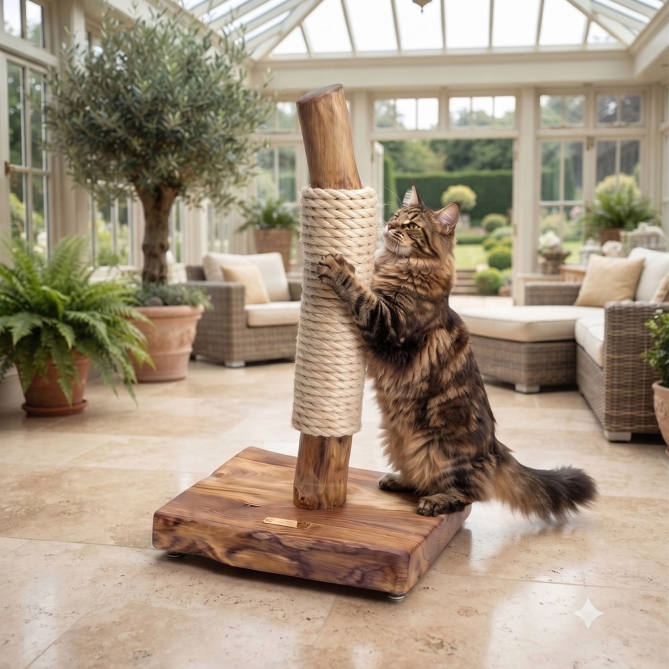 A fluffy Maine Coon cat scratching a handmade wooden scratcher with a sisal rope post inside a light, airy conservatory.