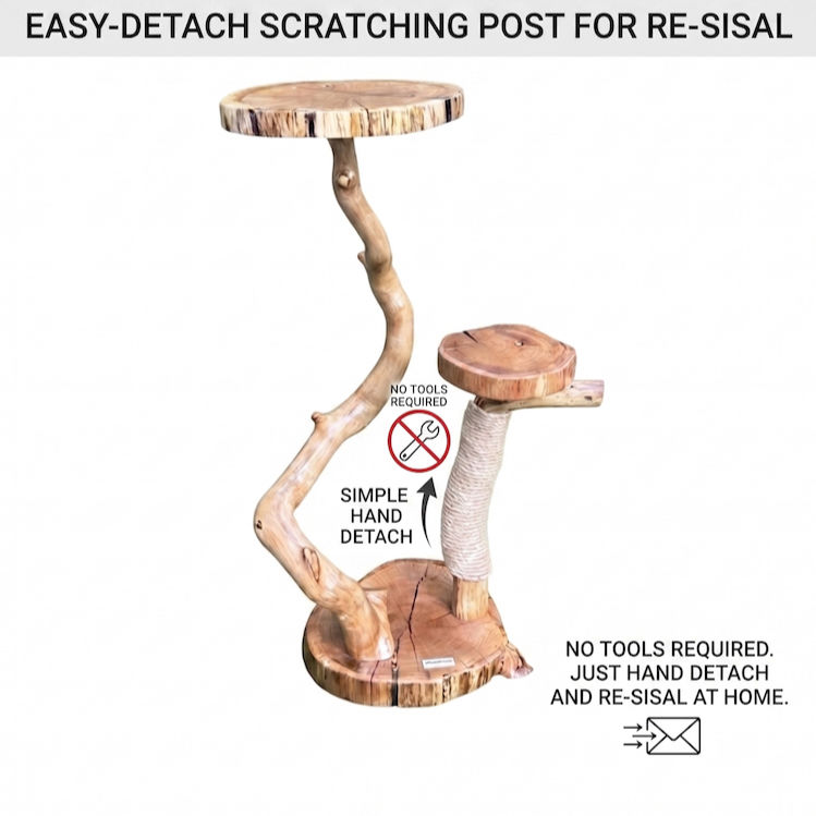 Thumbnail: natural cat tree with illustration on how to remove the cat scratcher for re-sisal