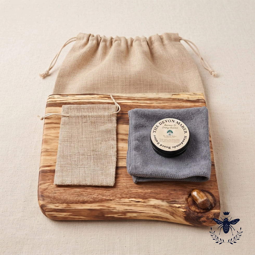 Thumbnail: Complete care set for a handmade solid English oak live-edge chopping board, including 'The Devon Maker' board butter, cloth,