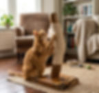 Happy ginger tabby cat actively using a handmade solid Devon Oak cat scratcher in a cosy, modern living room.