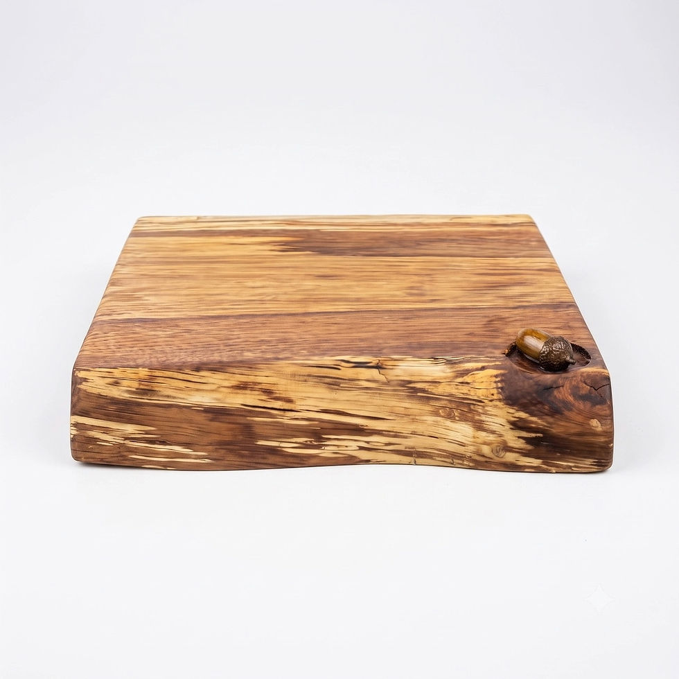 Thumbnail: Handcrafted live-edge wood cutting board with a natural acorn inlay detail on the front edge.
