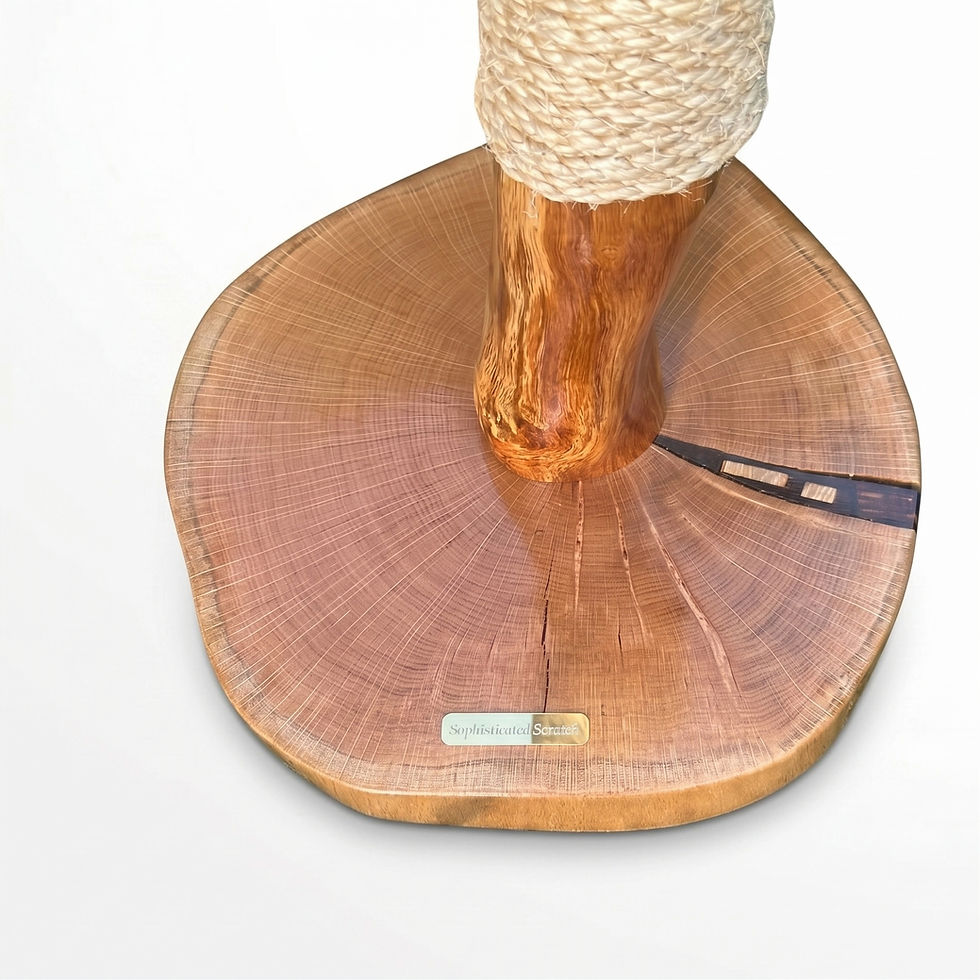 Thumbnail: Top view of the unique cross-section oak base of a Sophisticated Scratch cat scratcher on white.