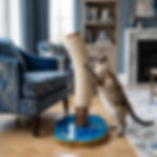 Luxury bespoke cat scratcher in a high-end blue-themed living room with a cat using the oak post.