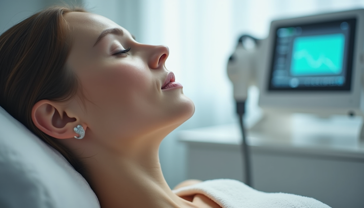 Vue de profil d'une machine de radiofréquence utilisée pour le soin du visage