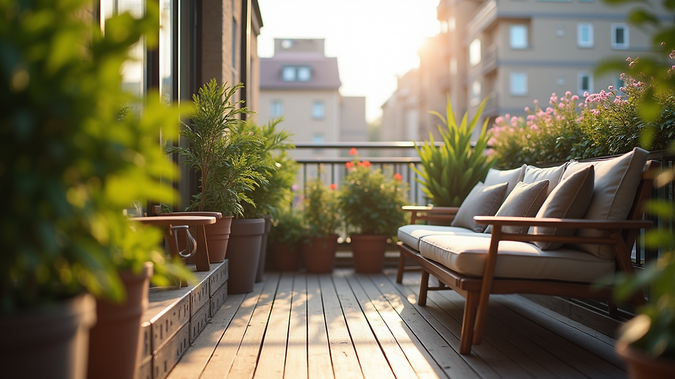Close-up view of a bright Warsaw apartment balcony with plants and seating